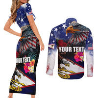 Personalised United States and American Samoa Couples Matching Short Sleeve Bodycon Dress and Long Sleeve Button Shirt Bald Eagle Rose and Hibiscus Flower - Wonder Print Shop