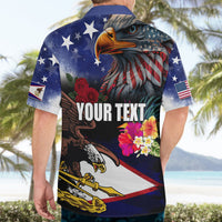 Blue Hawaiian shirt back with eagle head, stars and hibiscus; reads YOUR TEXT; roses accent