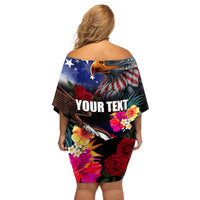 Personalised United States and American Samoa Off Shoulder Short Dress Bald Eagle Rose and Hibiscus Flower - Wonder Print Shop
