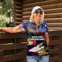 Personalised United States and American Samoa Women Polo Shirt Bald Eagle Rose and Hibiscus Flower - Wonder Print Shop