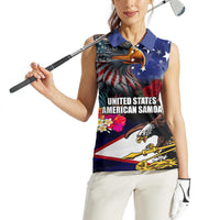 Personalised United States and American Samoa Women Sleeveless Polo Shirt Bald Eagle Rose and Hibiscus Flower - Wonder Print Shop