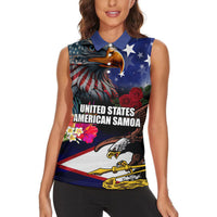 Personalised United States and American Samoa Women Sleeveless Polo Shirt Bald Eagle Rose and Hibiscus Flower - Wonder Print Shop