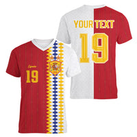 Spain Football 2026 Custom Women V-Neck T-Shirt La Roja Red and White Split