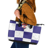 Croatia Football Leather Tote Bag Checkerboard Pattern with Glagolitic Script Away Color