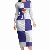 Croatia Football Custom Long Sleeve Bodycon Dress Checkerboard Pattern with Glagolitic Script Away Color