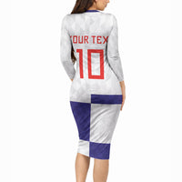 Croatia Football Custom Long Sleeve Bodycon Dress Checkerboard Pattern with Glagolitic Script Away Color