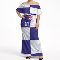 Croatia Football Custom Off Shoulder Maxi Dress Checkerboard Pattern with Glagolitic Script Away Color