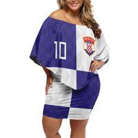 Croatia Football Custom Off Shoulder Short Dress Checkerboard Pattern with Glagolitic Script Away Color