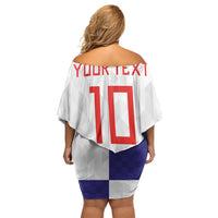Croatia Football Custom Off Shoulder Short Dress Checkerboard Pattern with Glagolitic Script Away Color