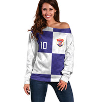 Croatia Football Custom Off Shoulder Sweater Checkerboard Pattern with Glagolitic Script Away Color