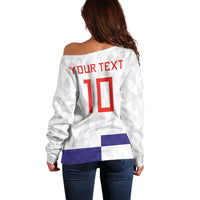 Croatia Football Custom Off Shoulder Sweater Checkerboard Pattern with Glagolitic Script Away Color