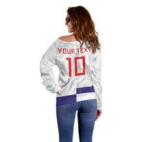 Croatia Football Custom Off Shoulder Sweater Checkerboard Pattern with Glagolitic Script Away Color