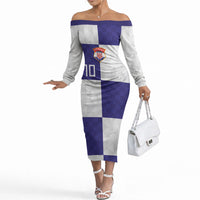 Croatia Football Custom Off The Shoulder Long Sleeve Dress Checkerboard Pattern with Glagolitic Script Away Color