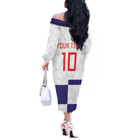 Croatia Football Custom Off The Shoulder Long Sleeve Dress Checkerboard Pattern with Glagolitic Script Away Color