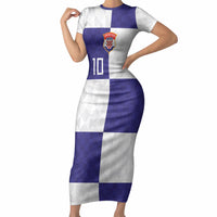 Croatia Football Custom Short Sleeve Bodycon Dress Checkerboard Pattern with Glagolitic Script Away Color