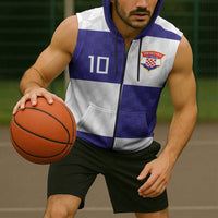 Croatia Football Custom Sleeveless Zip Hoodie Checkerboard Pattern with Glagolitic Script Away Color