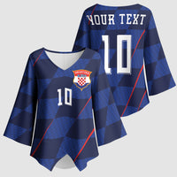 Croatia Football Custom Kimono Sleeve Blouse Glagolitic Script Checkerboard Sporty Style Away Color