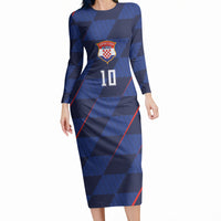 Croatia Football Custom Long Sleeve Bodycon Dress Glagolitic Script Checkerboard Sporty Style Away Color