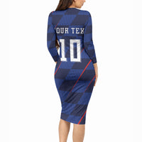 Croatia Football Custom Long Sleeve Bodycon Dress Glagolitic Script Checkerboard Sporty Style Away Color