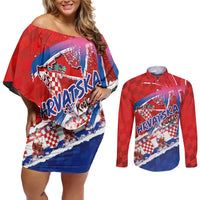 Basketball Fan Jersey Croatian Couples Matching Off Shoulder Short Dress and Long Sleeve Button Shirt Hrvatska-The Chequered Ones - Wonder Print Shop