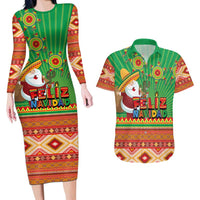 Mexico Couples Matching Long Sleeve Bodycon Dress and Hawaiian Shirt Feliz Navidad Aztec Geometric Pattern - Wonder Print Shop