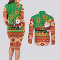 Mexico Couples Matching Long Sleeve Bodycon Dress and Long Sleeve Button Shirt Feliz Navidad Aztec Geometric Pattern - Wonder Print Shop