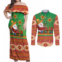 Mexico Couples Matching Off Shoulder Maxi Dress and Long Sleeve Button Shirt Feliz Navidad Aztec Geometric Pattern - Wonder Print Shop