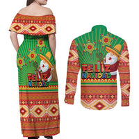 Mexico Couples Matching Off Shoulder Maxi Dress and Long Sleeve Button Shirt Feliz Navidad Aztec Geometric Pattern - Wonder Print Shop