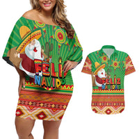 Mexico Couples Matching Off Shoulder Short Dress and Hawaiian Shirt Feliz Navidad Aztec Geometric Pattern - Wonder Print Shop