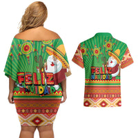 Mexico Couples Matching Off Shoulder Short Dress and Hawaiian Shirt Feliz Navidad Aztec Geometric Pattern - Wonder Print Shop