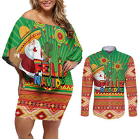 Mexico Couples Matching Off Shoulder Short Dress and Long Sleeve Button Shirt Feliz Navidad Aztec Geometric Pattern - Wonder Print Shop