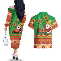 Mexico Couples Matching Off The Shoulder Long Sleeve Dress and Hawaiian Shirt Feliz Navidad Aztec Geometric Pattern - Wonder Print Shop