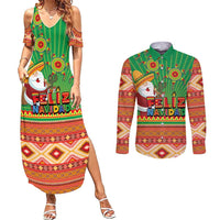 Mexico Couples Matching Summer Maxi Dress and Long Sleeve Button Shirt Feliz Navidad Aztec Geometric Pattern - Wonder Print Shop