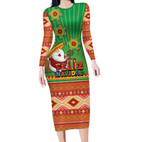 Mexico Long Sleeve Bodycon Dress Feliz Navidad Aztec Geometric Pattern - Wonder Print Shop