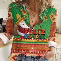 Mexico Women Casual Shirt Feliz Navidad Aztec Geometric Pattern - Wonder Print Shop