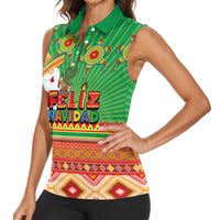 Mexico Women Sleeveless Polo Shirt Feliz Navidad Aztec Geometric Pattern - Wonder Print Shop