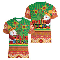 Mexico Women V-Neck T-Shirt Feliz Navidad Aztec Geometric Pattern - Wonder Print Shop