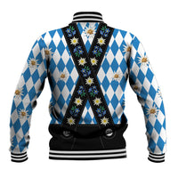 Bavaria Traditional Lederhosen Costume Baseball Jacket Bavaria Emblem - Blue Plaid Pattern with Edelweiss Flowers