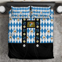 Bavaria Traditional Lederhosen Costume Bedding Set Bavaria Emblem - Blue Plaid Pattern with Edelweiss Flowers