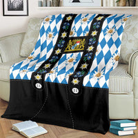 Bavaria Traditional Lederhosen Costume Blanket Bavaria Emblem - Blue Plaid Pattern with Edelweiss Flowers