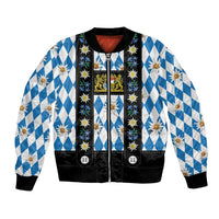 Bavaria Traditional Lederhosen Costume Bomber Jacket Bavaria Emblem - Blue Plaid Pattern with Edelweiss Flowers