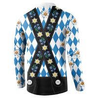 Bavaria Traditional Lederhosen Costume Button Sweatshirt Bavaria Emblem - Blue Plaid Pattern with Edelweiss Flowers