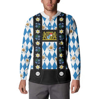 Bavaria Traditional Lederhosen Costume Button Sweatshirt Bavaria Emblem - Blue Plaid Pattern with Edelweiss Flowers