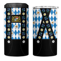 Traditional Bavarian Costume - Lederhosen 4 in 1 Can Cooler Tumbler Bavaria Emblem - Blue Plaid Pattern with Edelweiss Flowers