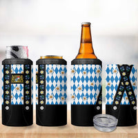 Traditional Bavarian Costume - Lederhosen 4 in 1 Can Cooler Tumbler Bavaria Emblem - Blue Plaid Pattern with Edelweiss Flowers