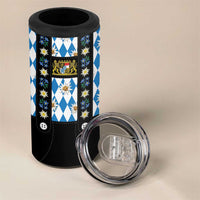 Traditional Bavarian Costume - Lederhosen 4 in 1 Can Cooler Tumbler Bavaria Emblem - Blue Plaid Pattern with Edelweiss Flowers