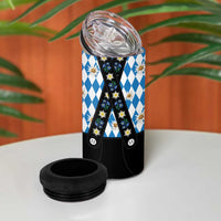 Traditional Bavarian Costume - Lederhosen 4 in 1 Can Cooler Tumbler Bavaria Emblem - Blue Plaid Pattern with Edelweiss Flowers