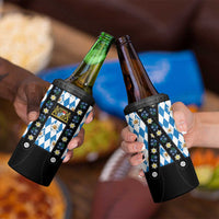 Traditional Bavarian Costume - Lederhosen 4 in 1 Can Cooler Tumbler Bavaria Emblem - Blue Plaid Pattern with Edelweiss Flowers