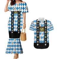Bavaria Traditional Lederhosen Costume Couples Matching Mermaid Dress and Hawaiian Shirt Bavaria Emblem - Blue Plaid Pattern with Edelweiss Flowers