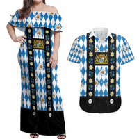 Bavaria Traditional Lederhosen Costume Couples Matching Off Shoulder Maxi Dress and Hawaiian Shirt Bavaria Emblem - Blue Plaid Pattern with Edelweiss Flowers